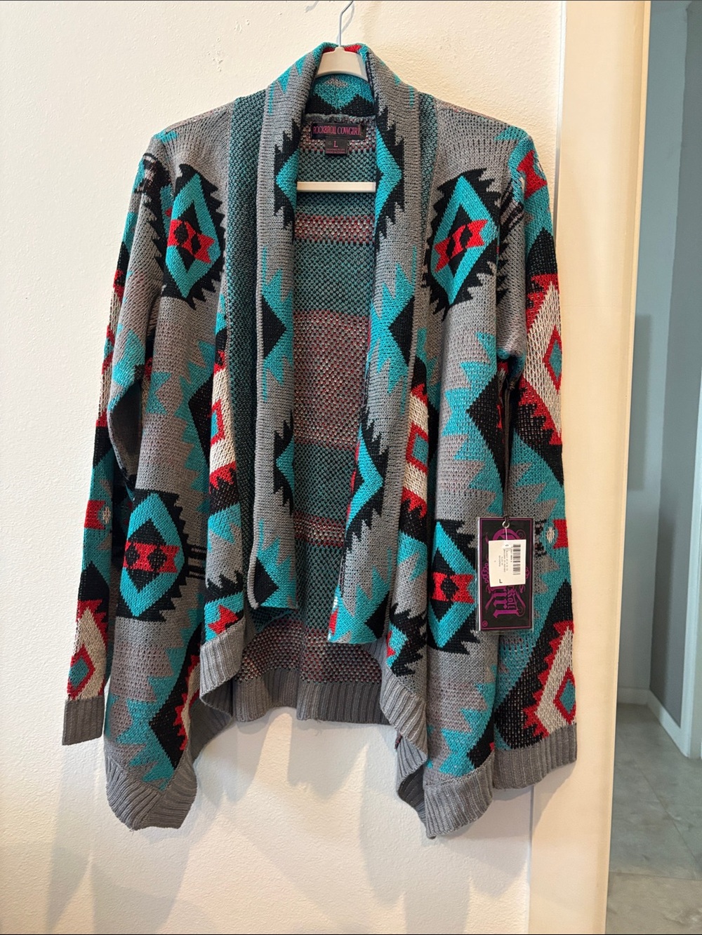 NWT Rock & Roll Cowgirl Grey Cardigan Teal & Red Aztec Pattern Large Western
